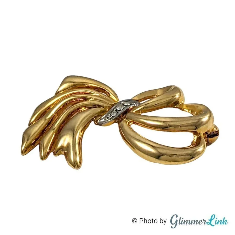 Vintage Gloria Vanderbilt Rhinestone Bow Brooch Gold Tone